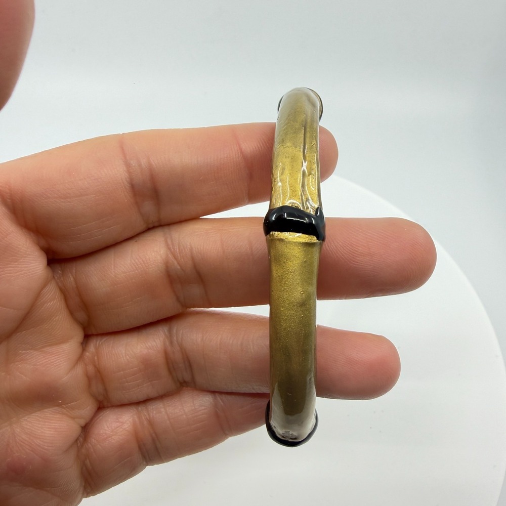 Gold Tone Bamboo Bangle Bracelet with Black Accents - Minimalist Boho Style